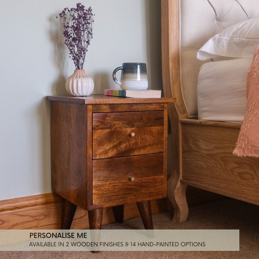 Nightstand Compact Design Honey Wood 2 Drawer Table