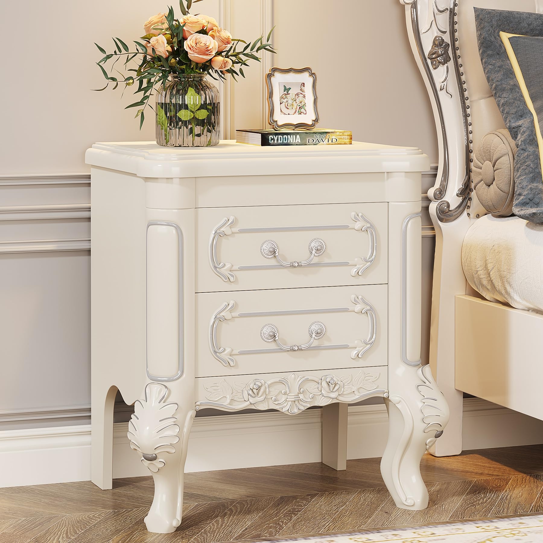 Nightstand Creamy White Scalloped Petal Legs Silver