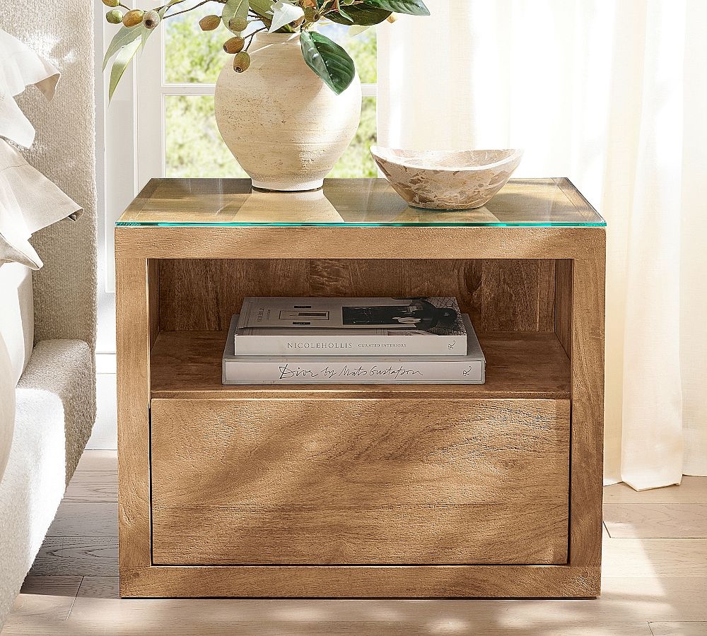 Nightstand featuring Glass Top and Chunky Wood Frame Storage
