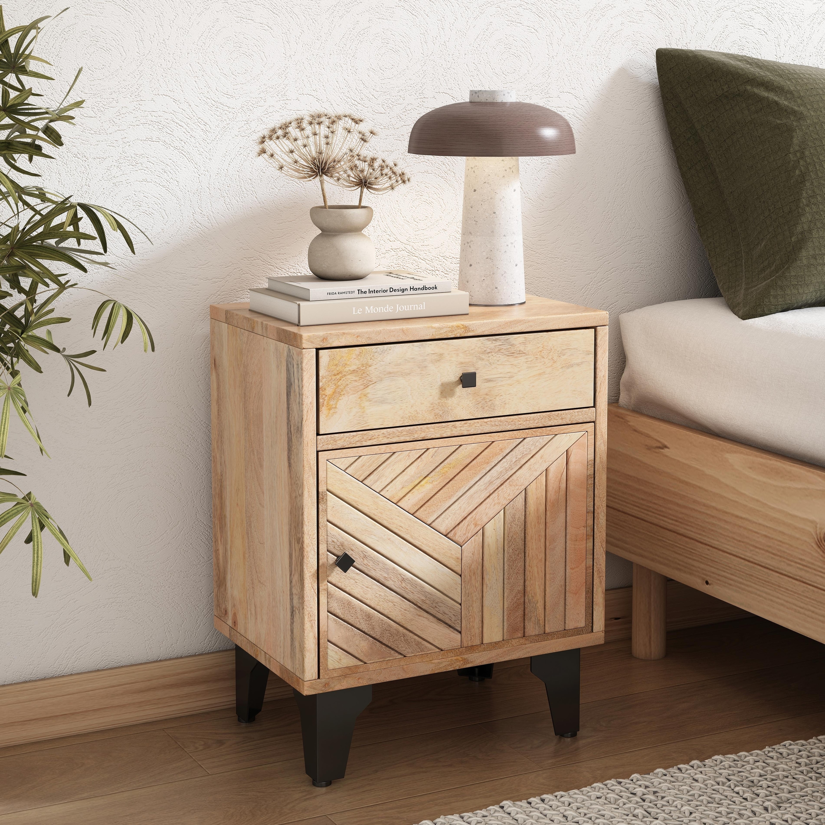 Nightstand Geometric Parquetry Door Mango Wood Storage