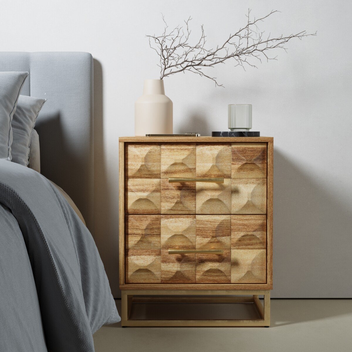 Nightstand Gold Sled Base Carved Geometric Wood Unit