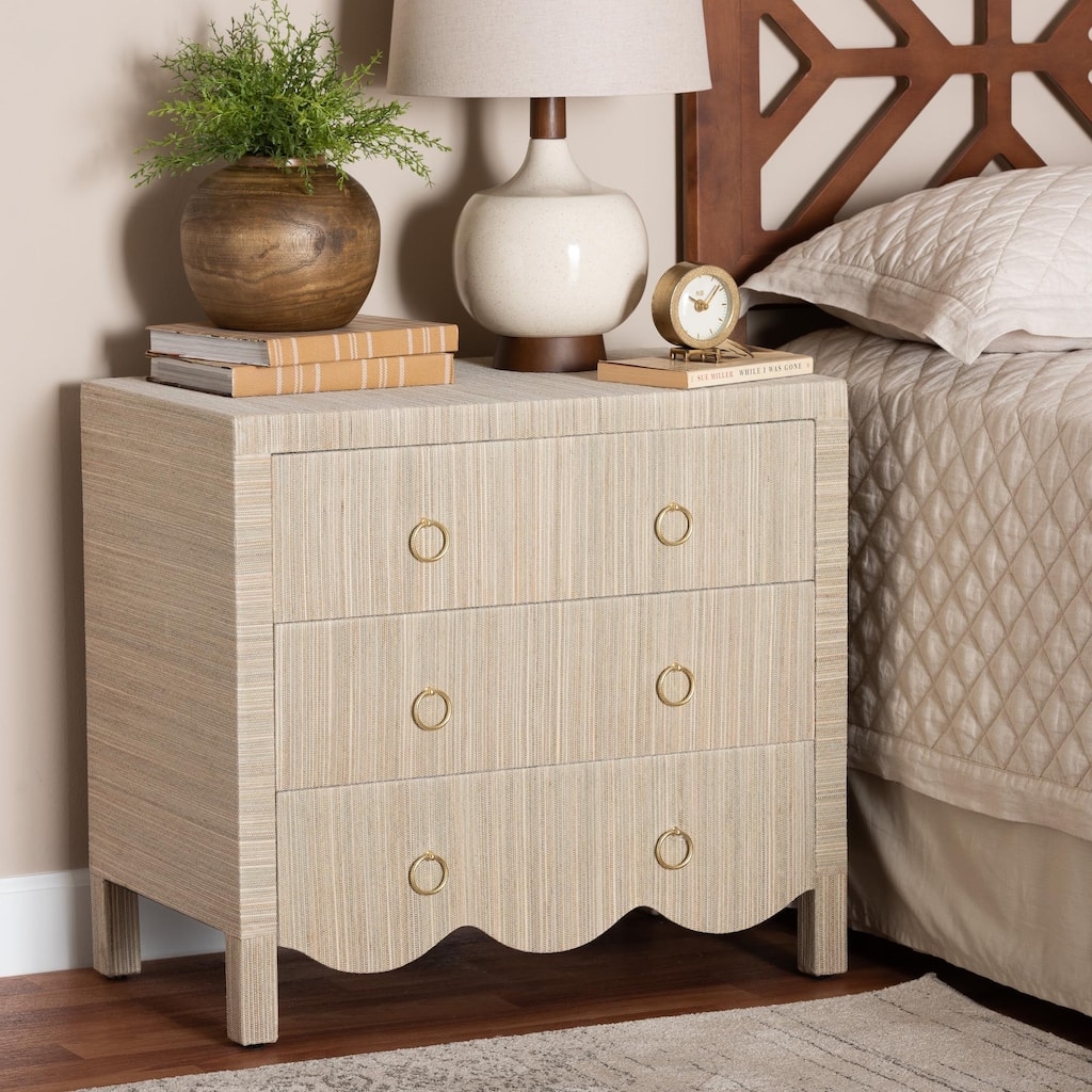 Nightstand Grasscloth Scalloped Base Gold Ring Pulls