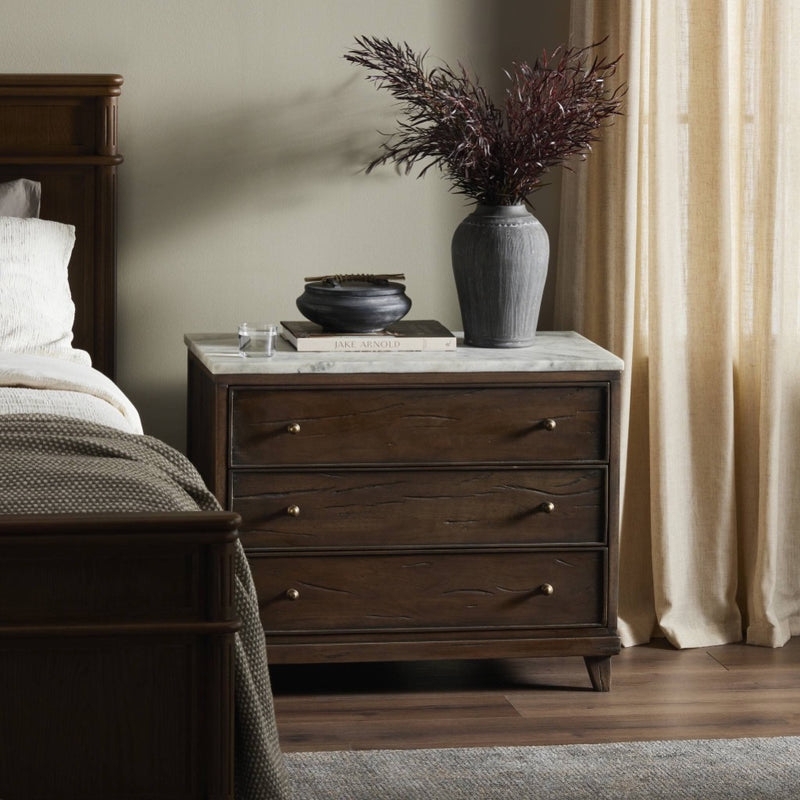 Nightstand Horizontal Carvings Walnut Statuario Marble