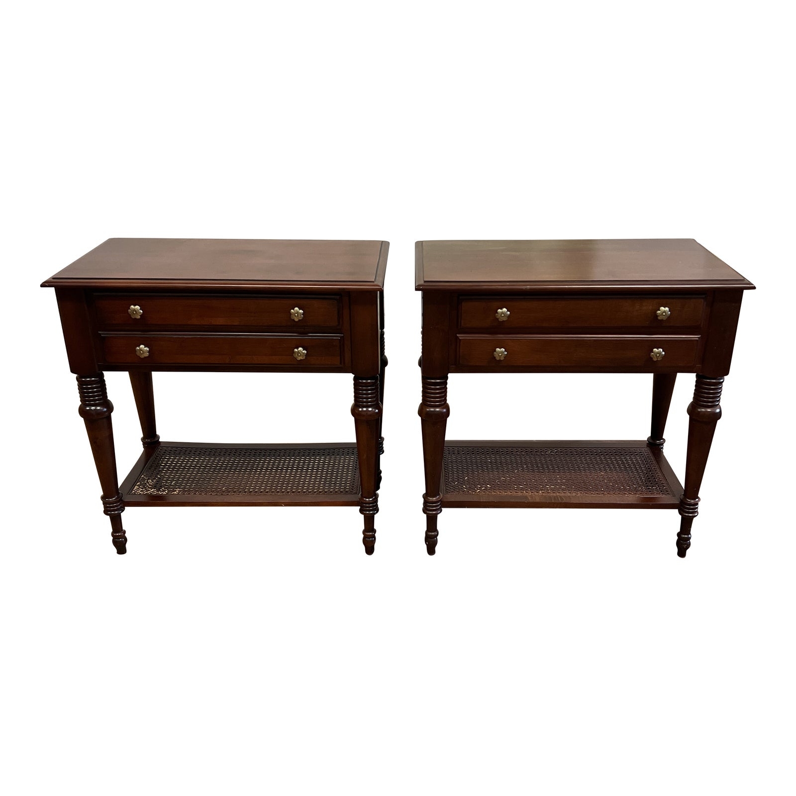 Nightstand in Mahogany Toned Wood with Woven Cane Shelf
