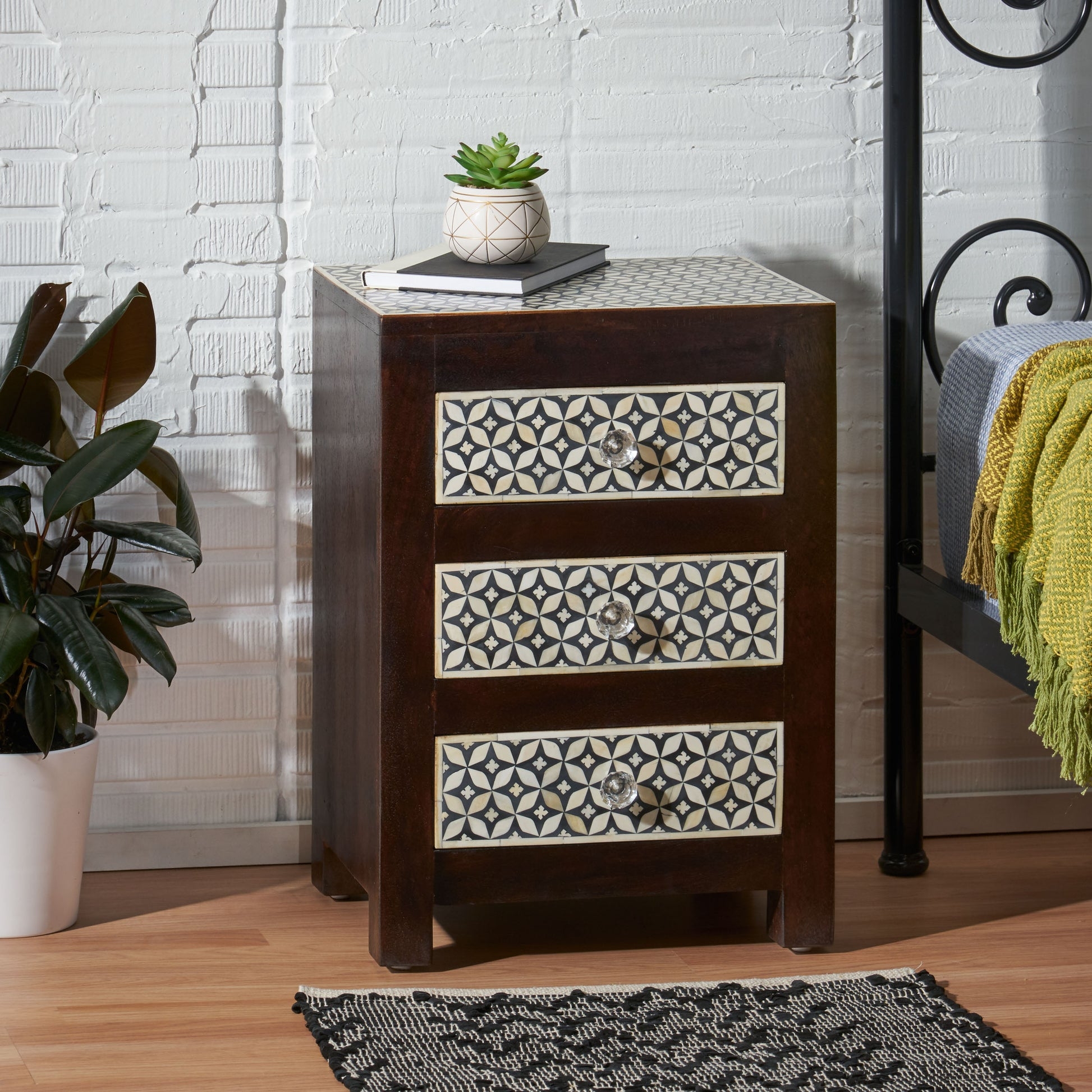 Nightstand Inlaid Pattern Black White 3 Drawer Chest