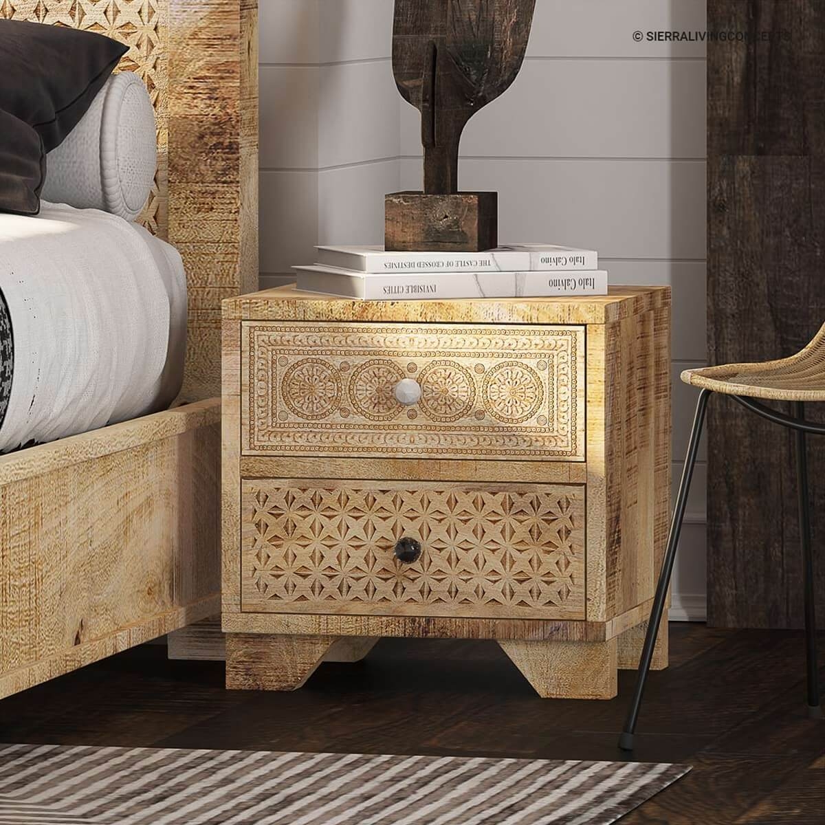 Nightstand Mandala Carvings Boho Wood 2 Drawer Chest