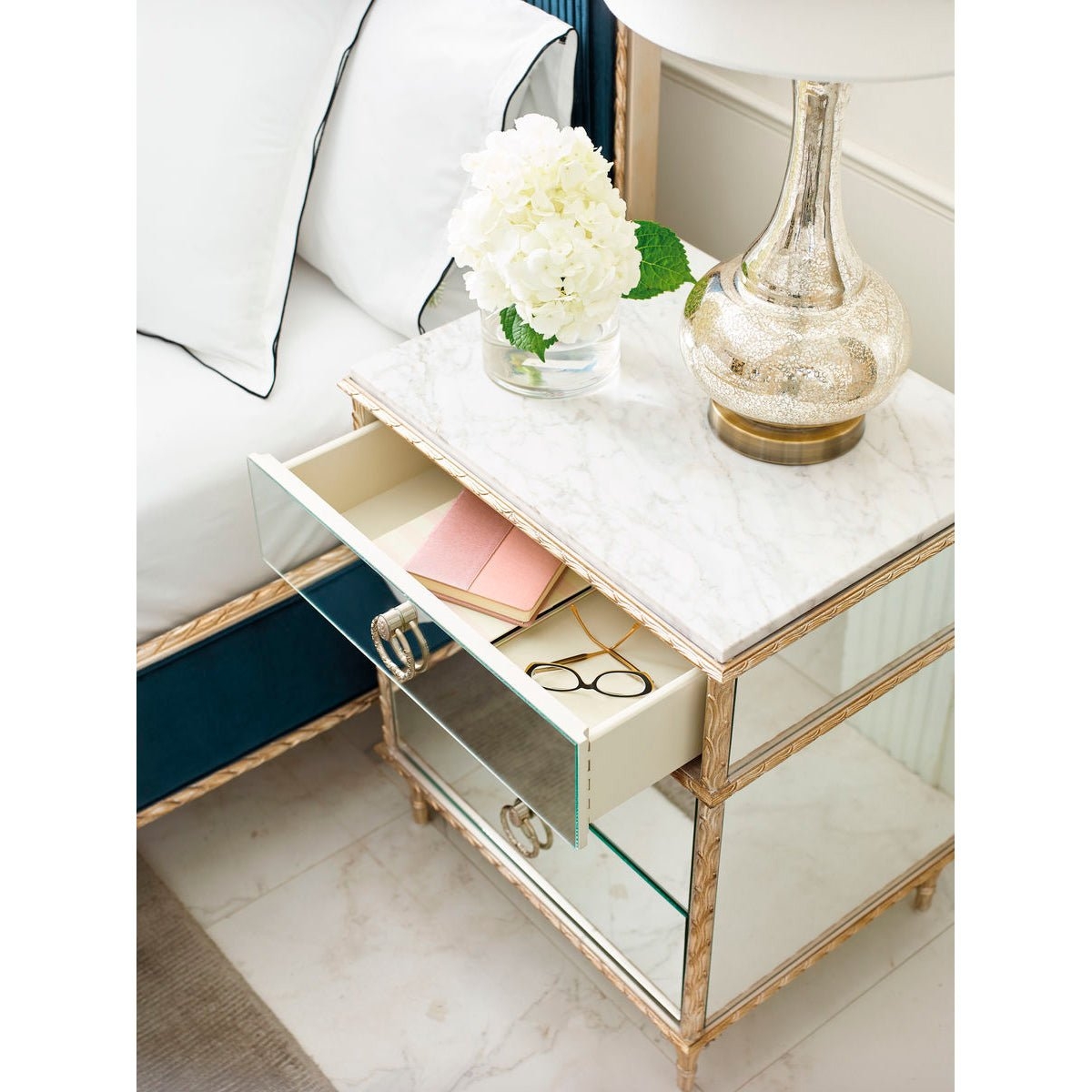 Nightstand Mirrored Drawers Gold French Marble Accent