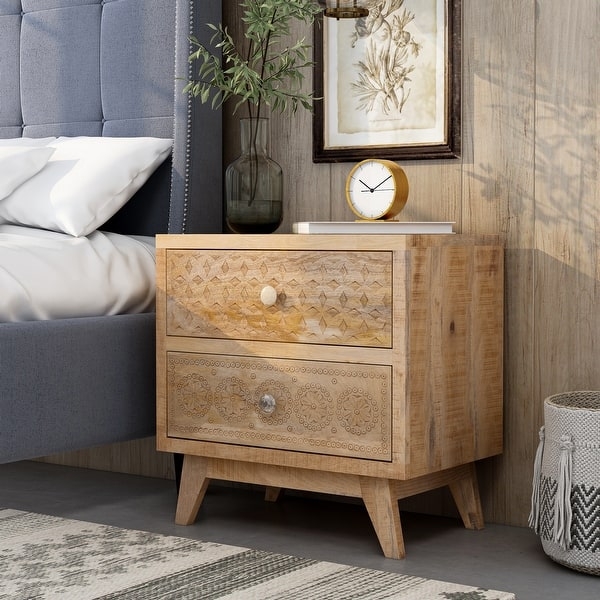 Nightstand Mismatched Hardware Carved Boho Wood Table
