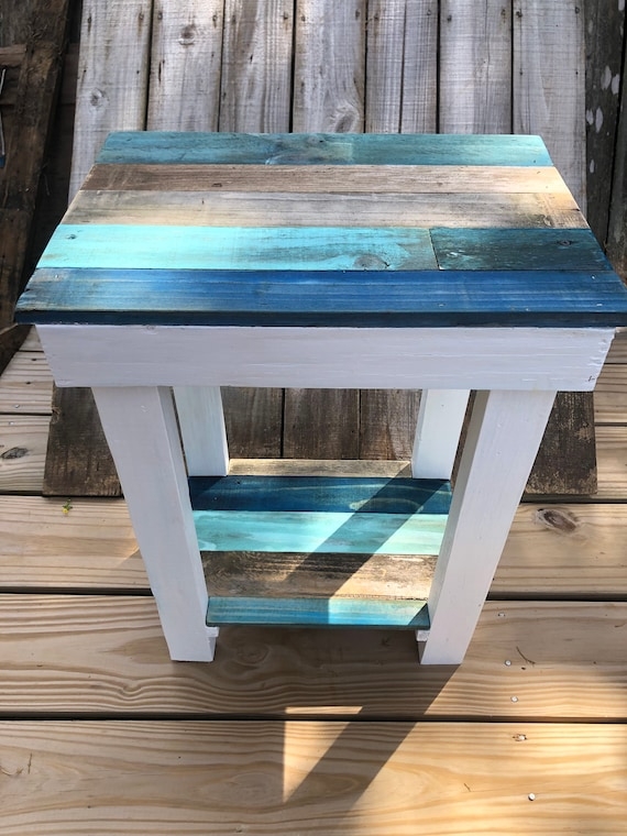 Nightstand Multi Blue Planks Weathered Finish Beach House
