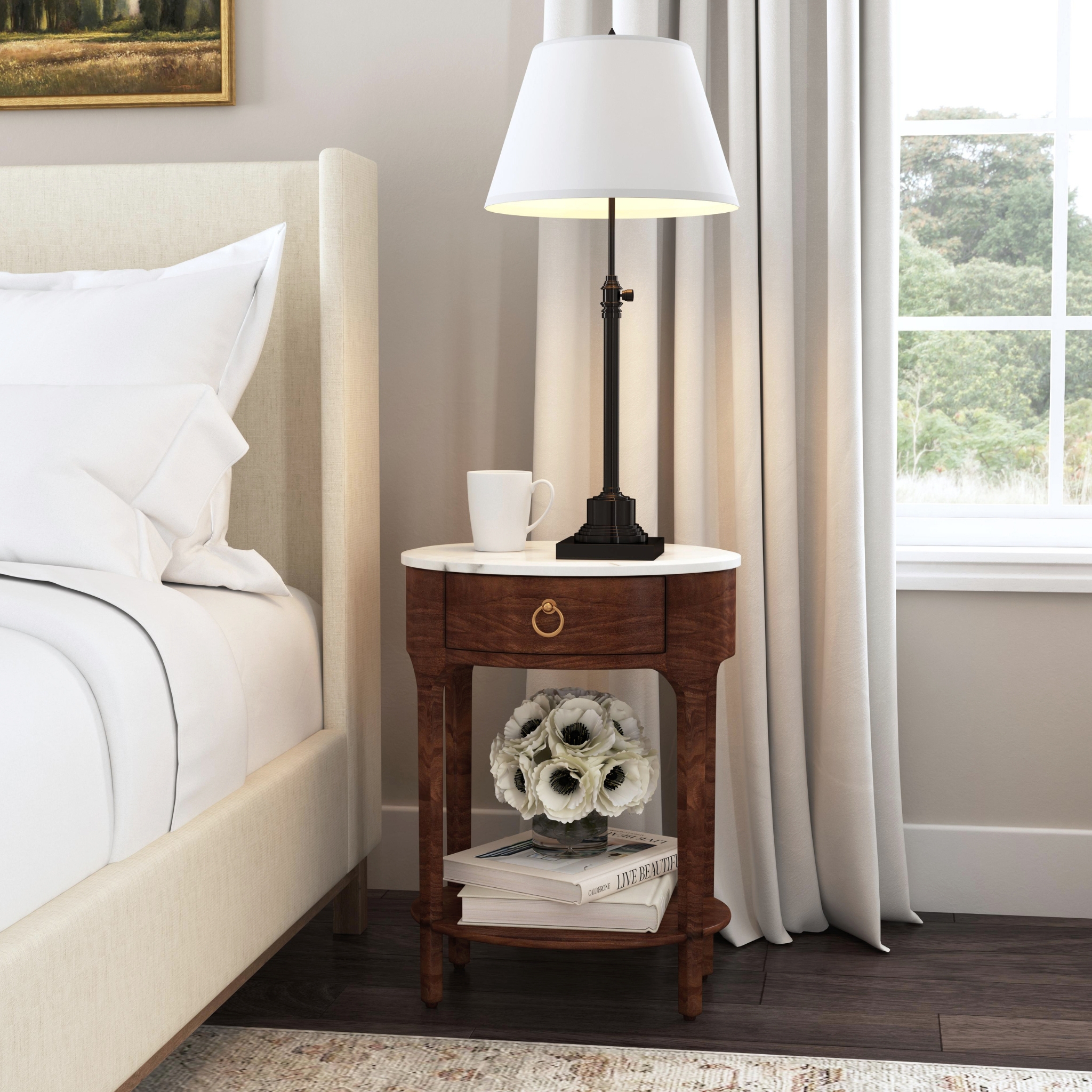 Nightstand Oval Silhouette Marble Top Traditional Wood Table