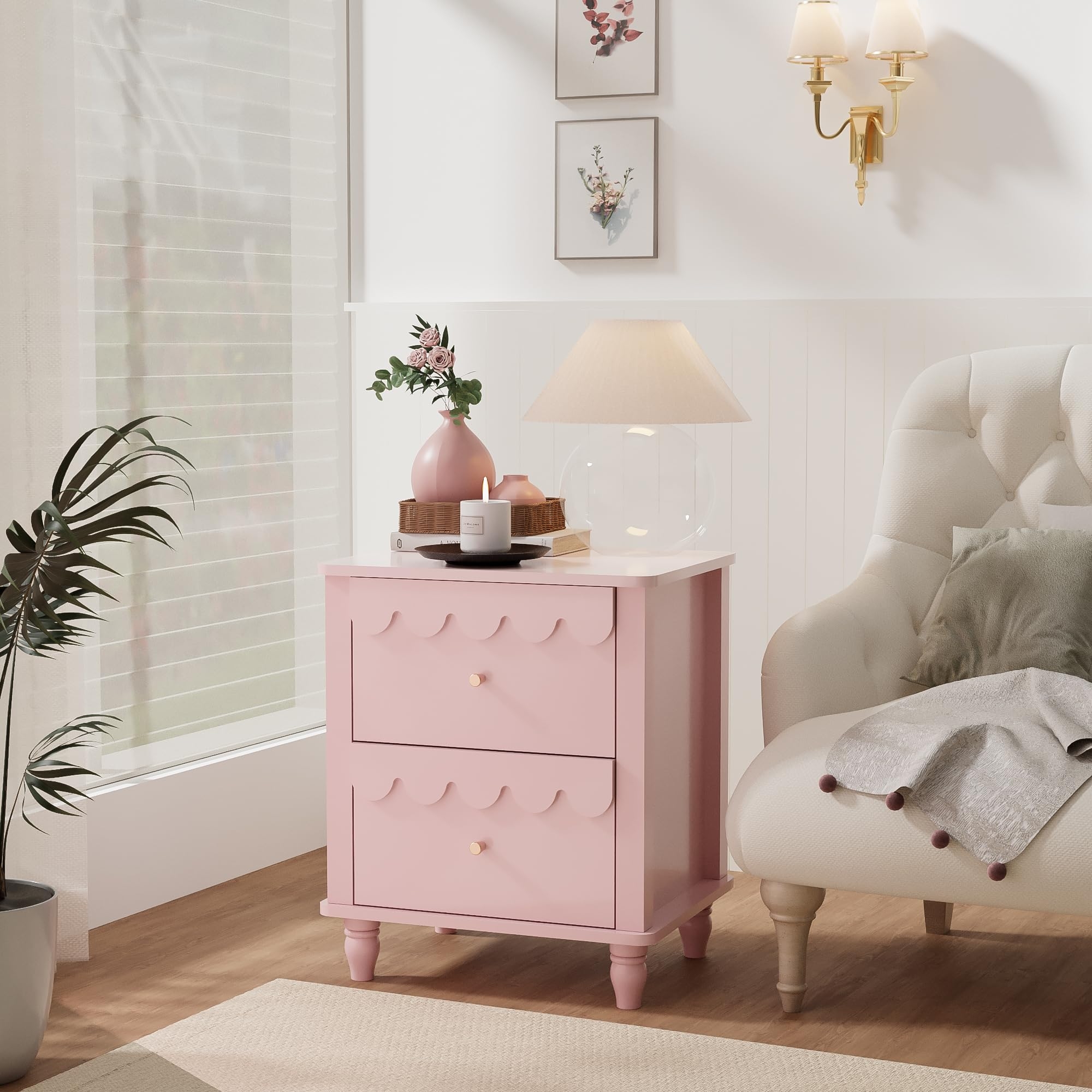 Nightstand Pastel Pink Scalloped Drawers Gold Knobs