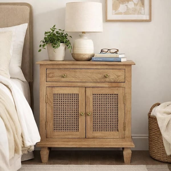 Nightstand Rattan Cane Doors Woven Mango Wood Cabinet