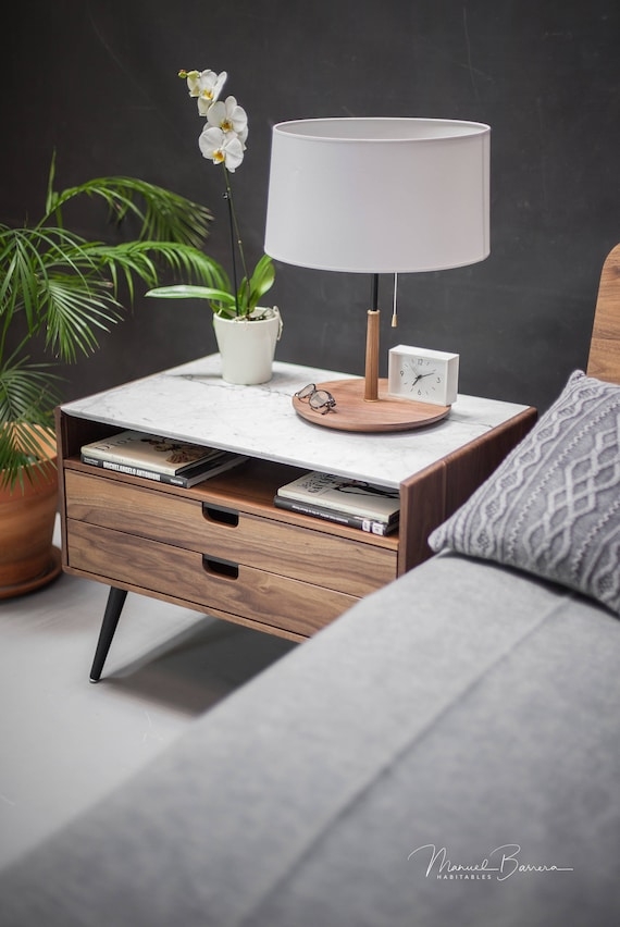 Nightstand Recessed Pulls Walnut Mid-Century Modern Table