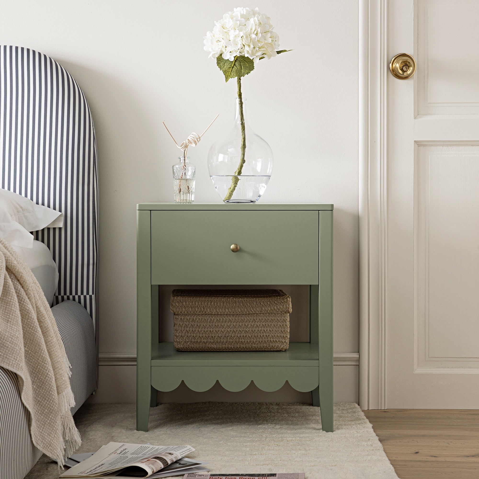 Nightstand Sage Green Scalloped Edge Open Shelf