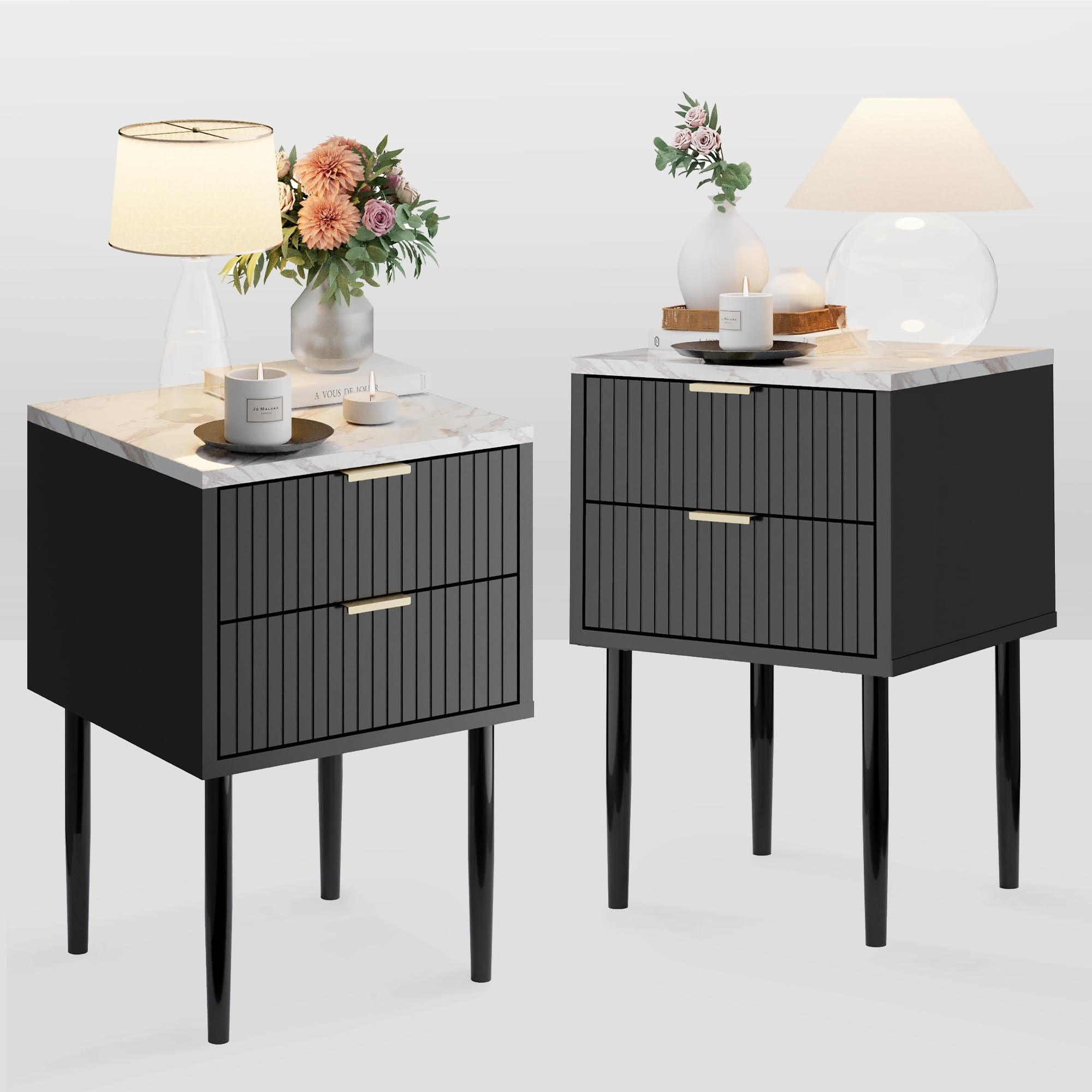 Nightstand Set of 2 Black Fluted Drawers Faux Marble Top