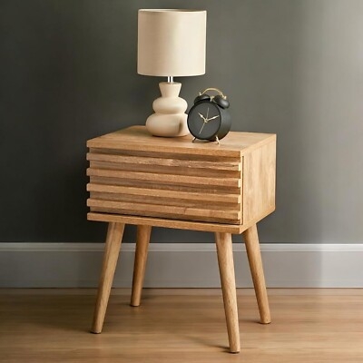 Nightstand Slatted Drawer Front Natural Wood Table