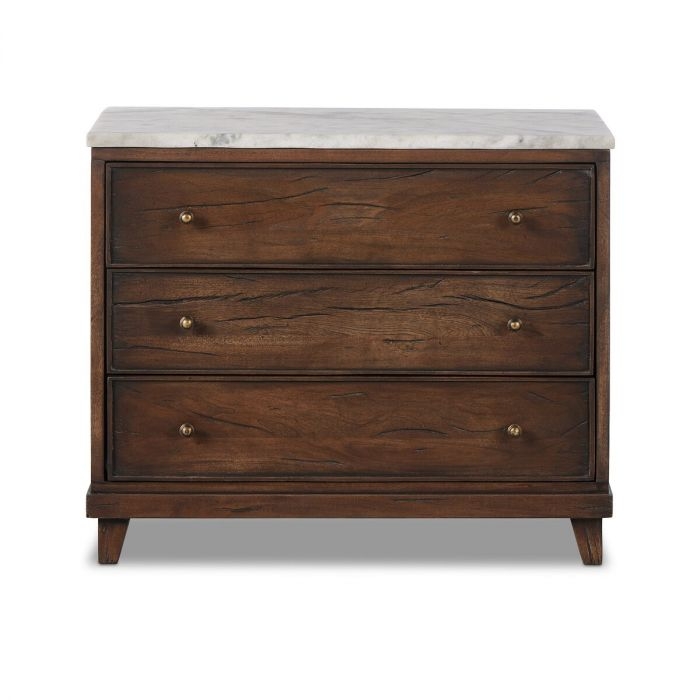 Nightstand Three Drawers Walnut Wood Distressed Scoring