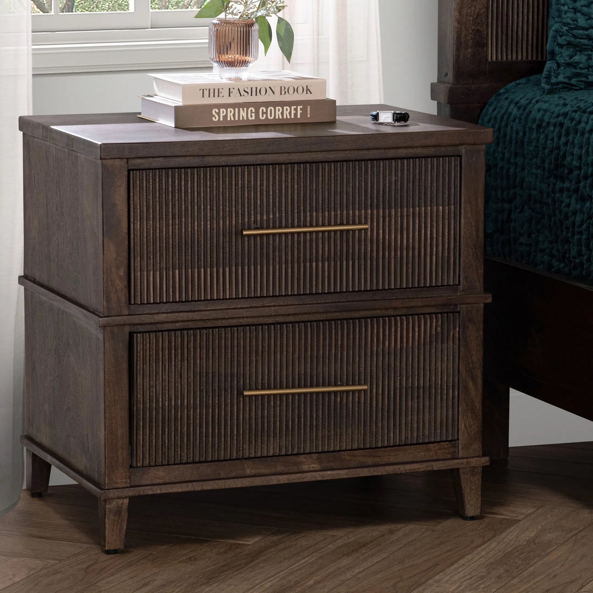 Nightstand Vertical Fluting Ribbed Honey Wood Chest