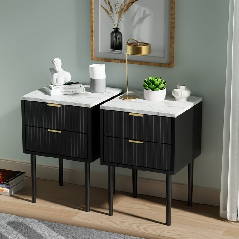 Nightstand Vertical Reeding Black Set of Two Side Table