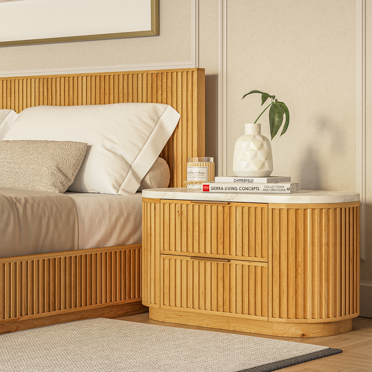 Nightstand Vertical Slats Curved Ends Oak Bedside Table