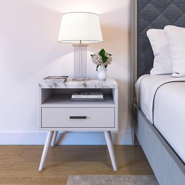 Nightstand White MCM Faux Marble Top Tapered Leg Table