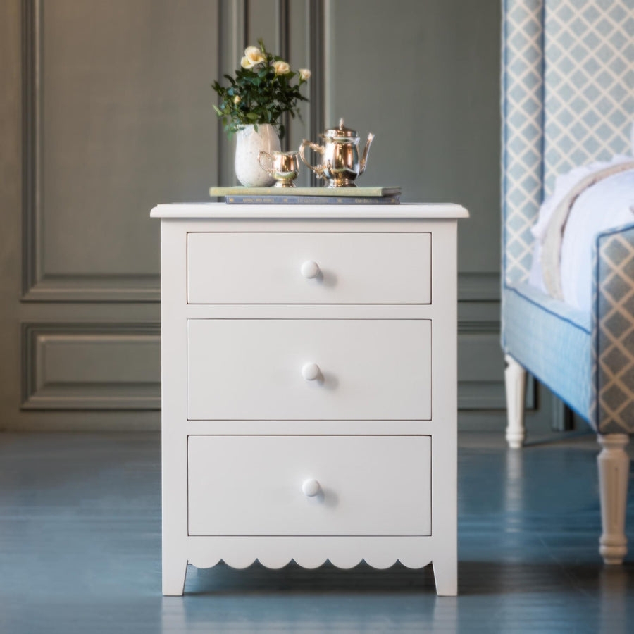Nightstand White Scalloped Base Three Drawer Chest