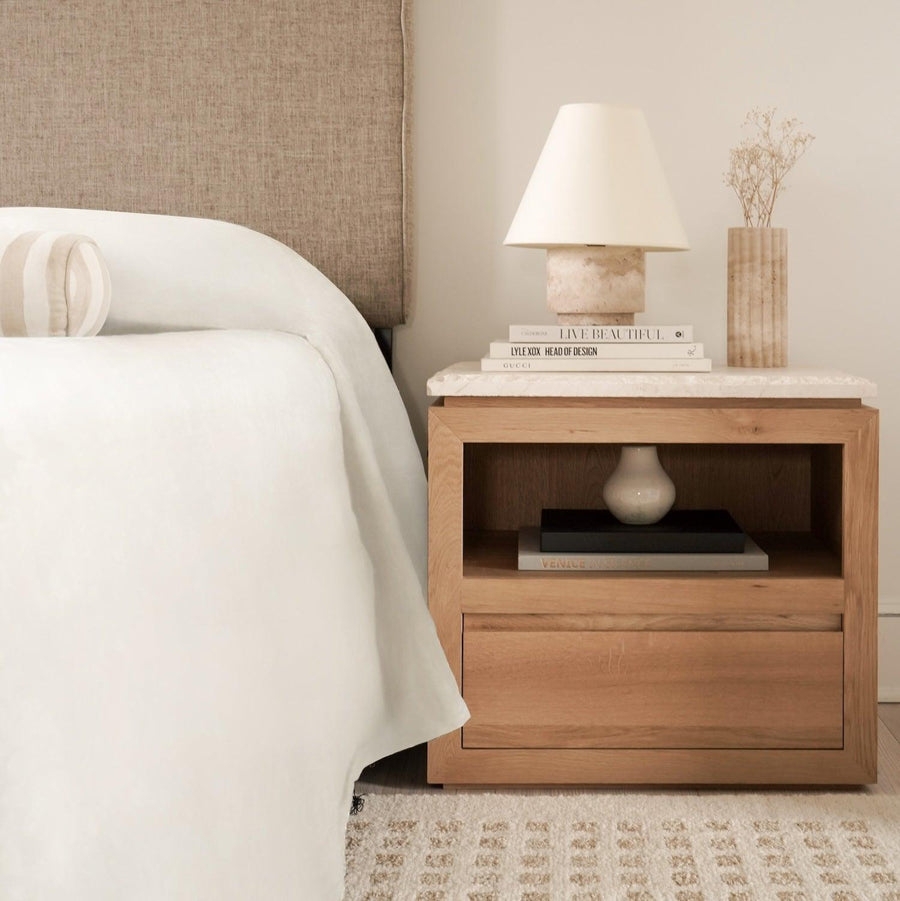 Nightstand Wide Japandi White Oak Stone Top Open Shelf
