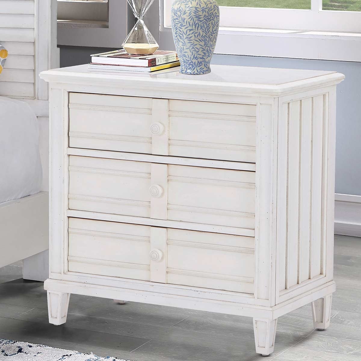 Nightstand with Beadboard Sides and White Bedroom Storage