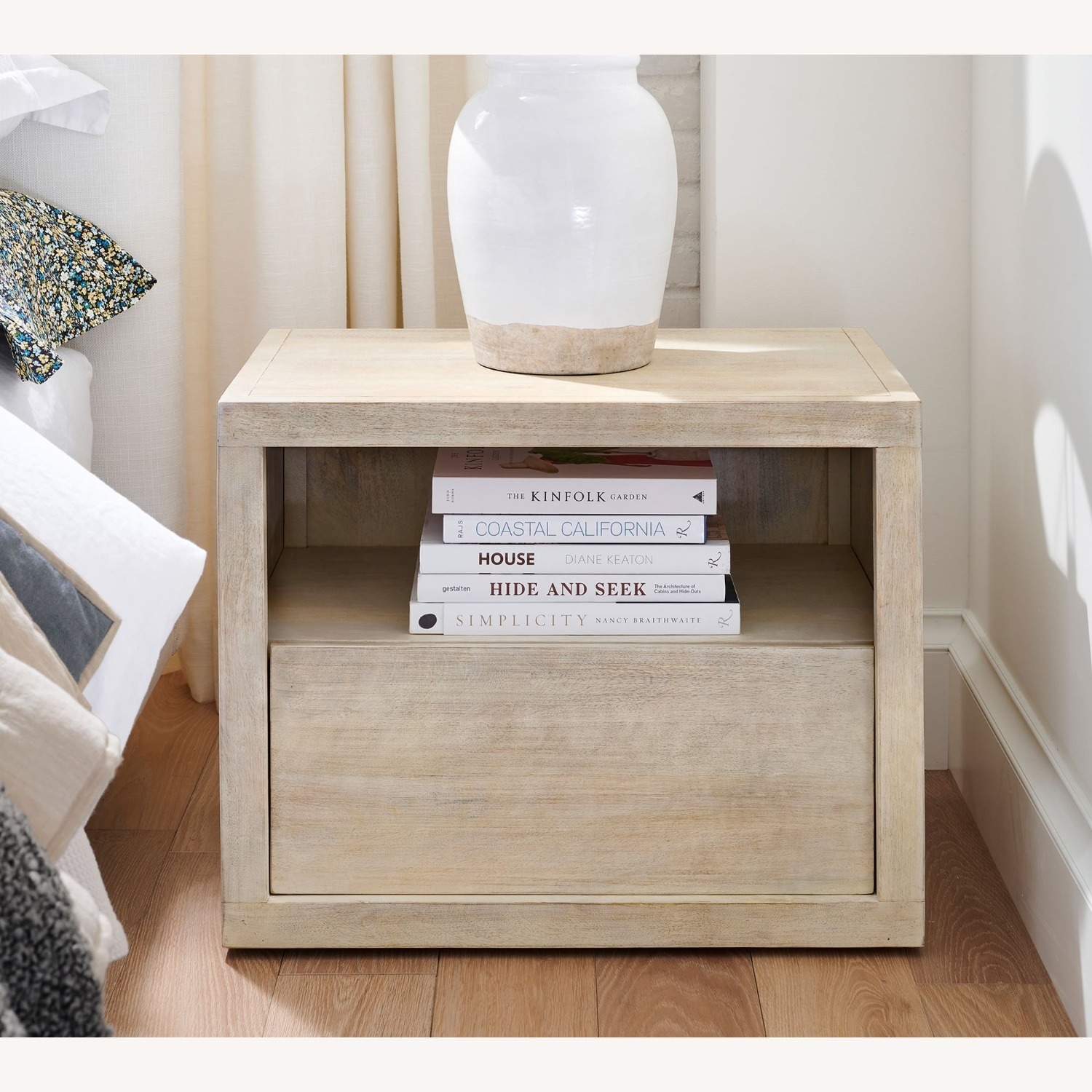 Nightstand with Blocky Silhouette and Whitewashed Wood Frame