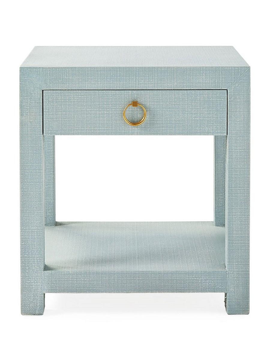 Nightstand with Coastal Blue Raffia and Gold Ring Pull