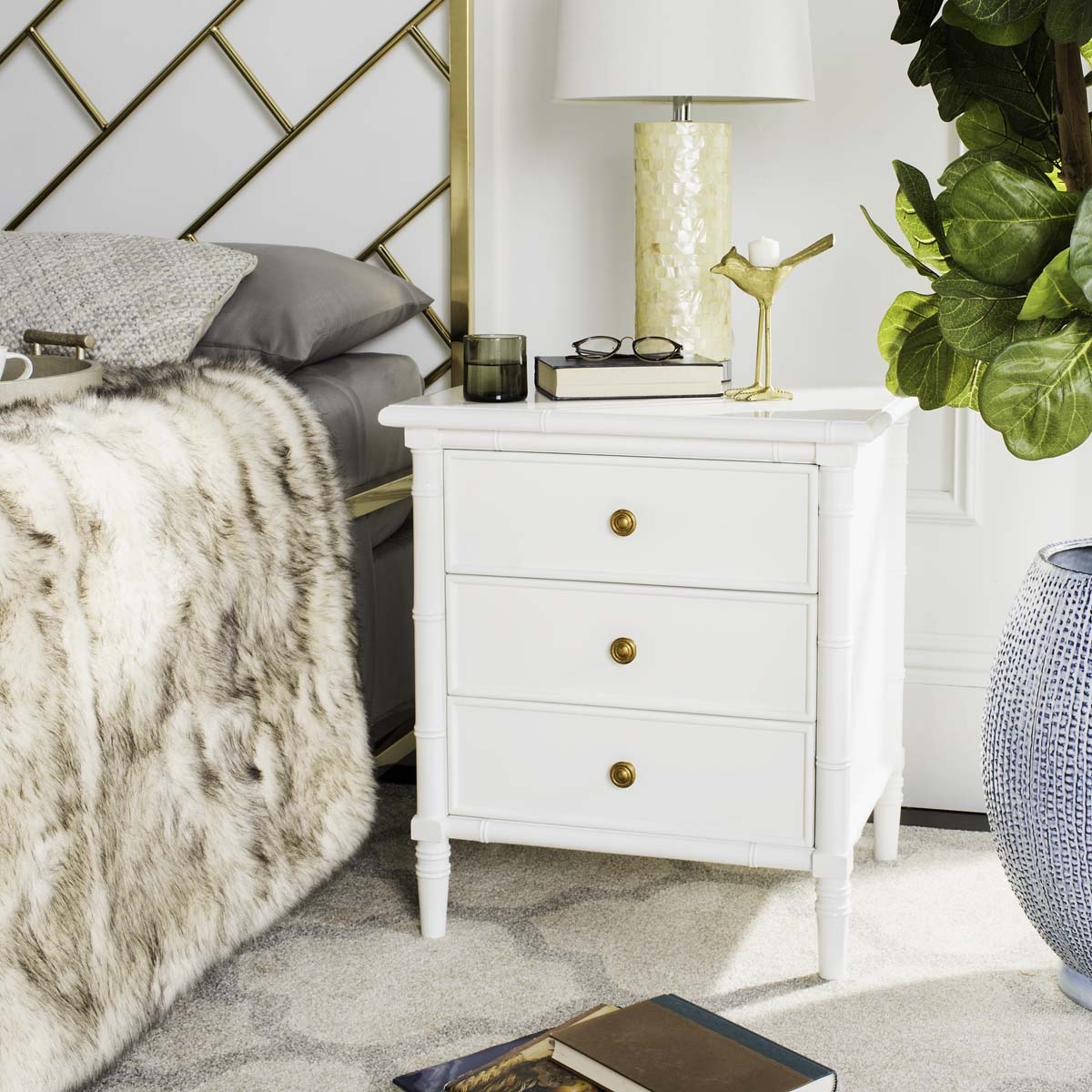 Nightstand with Faux Bamboo Texture 3 Drawer Bedside