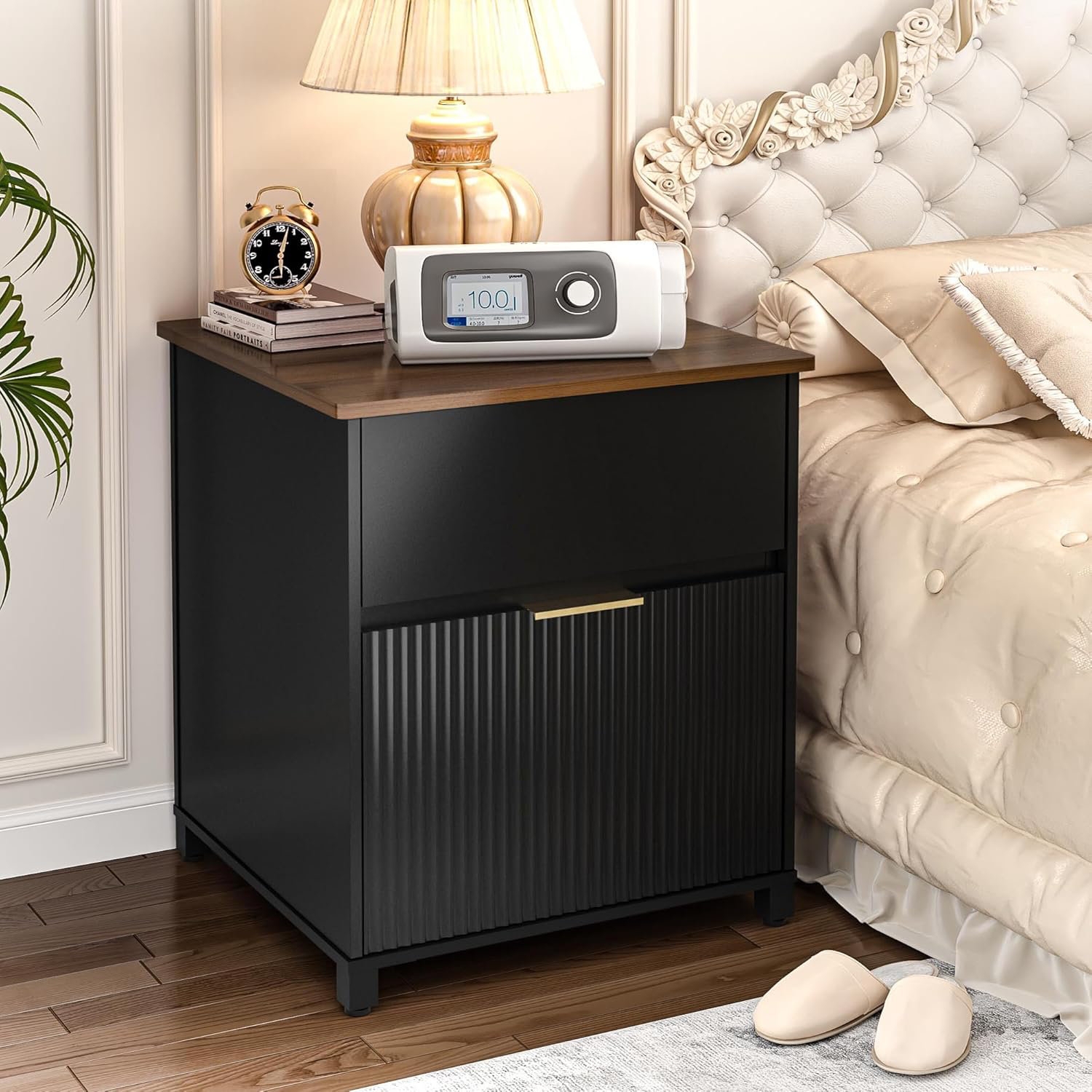 Nightstand with Gold Handle for Fluted Black CPAP Table