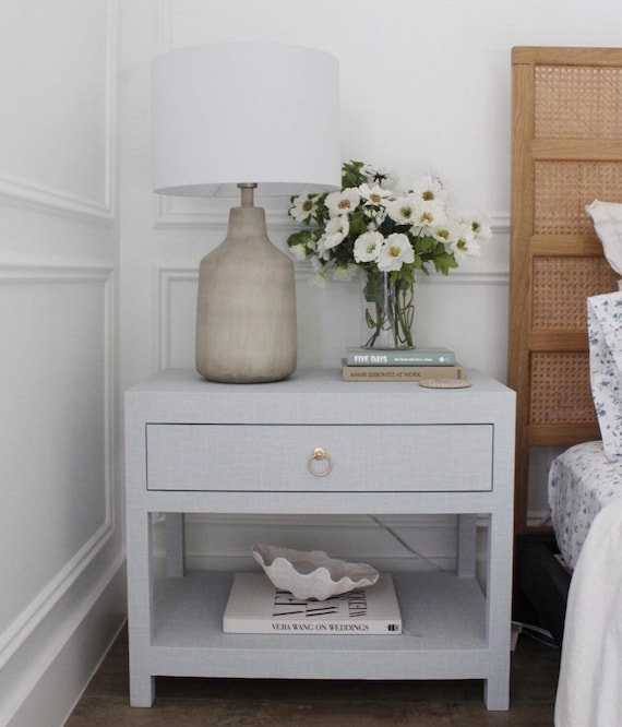 Nightstand with Grasscloth Texture and Brass Ring Pull