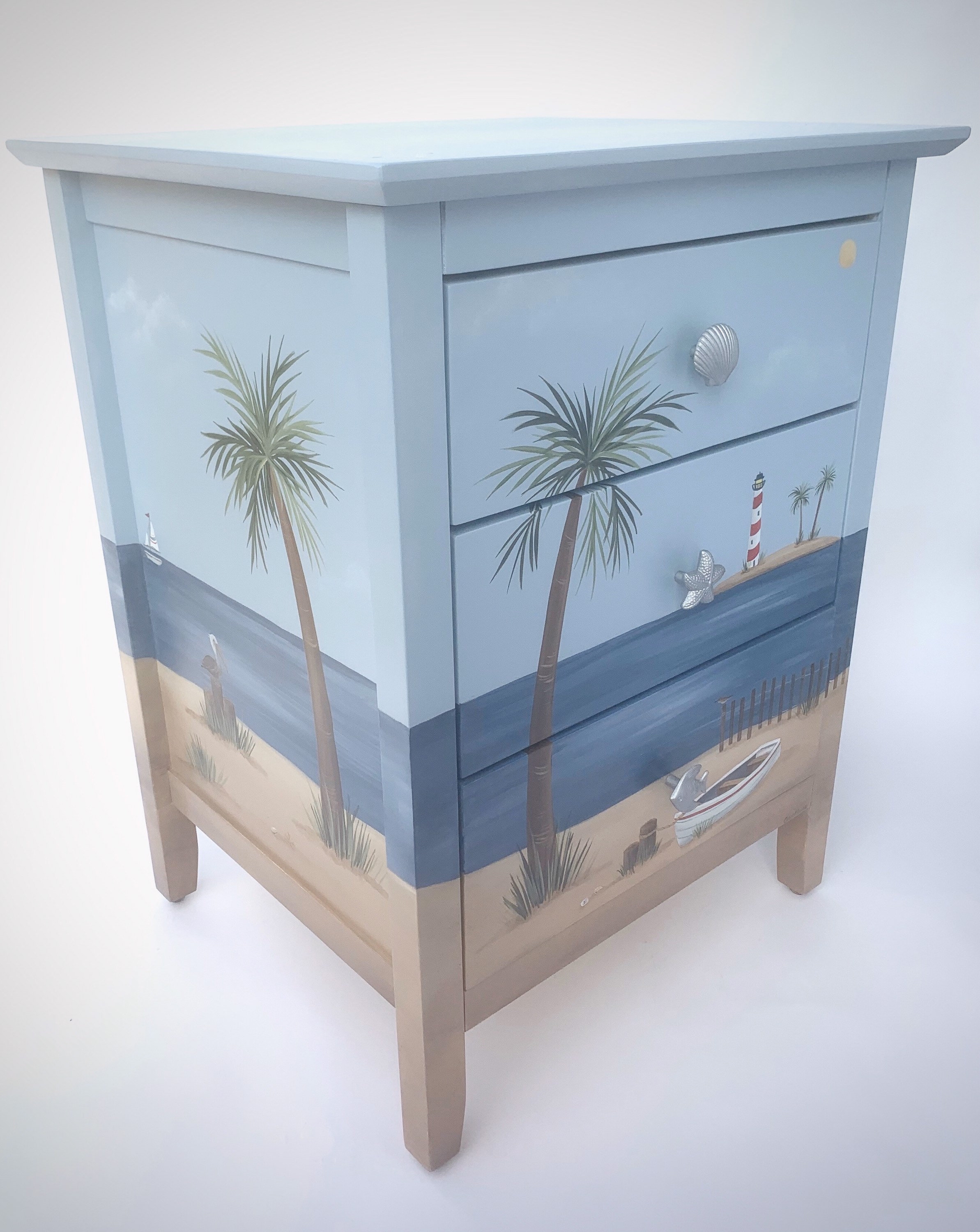 Nightstand with Hand Painted Mural and Shell Accent Chest