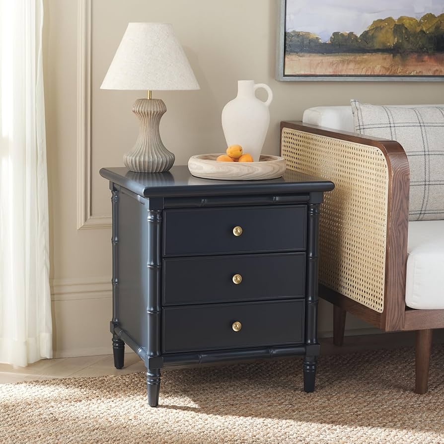 Nightstand with Navy Blue Finish and Bamboo Accent Storage
