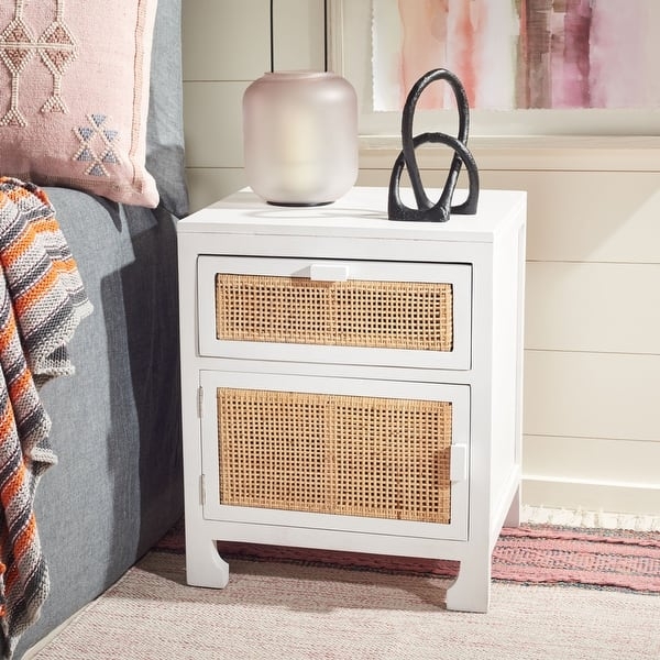Nightstand with Rattan Cane Webbing and Boho White Table