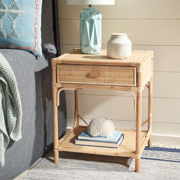 Nightstand with Rattan Frame and Woven Cane Bedside Table