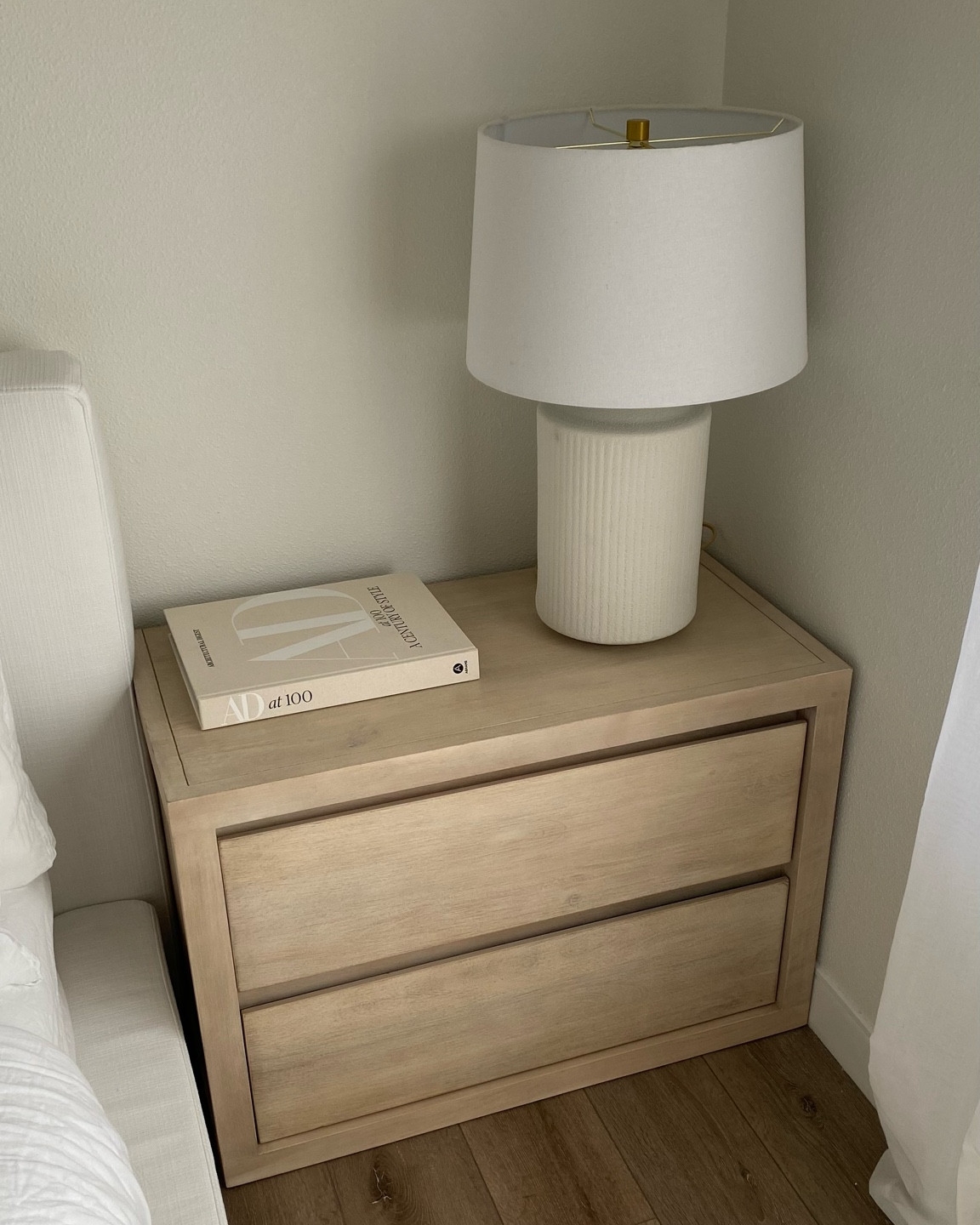 Nightstand with Ribbed Base and Two Drawer Light Wood Finish