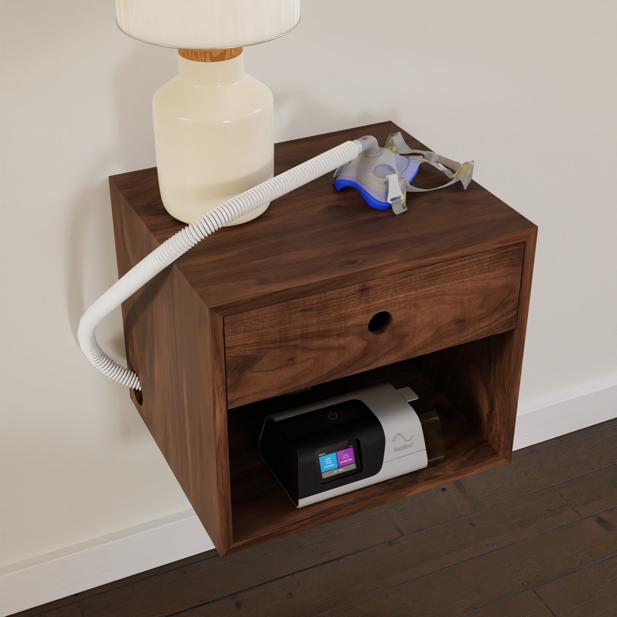 Nightstand with Side Hose Port for Floating Walnut Finish