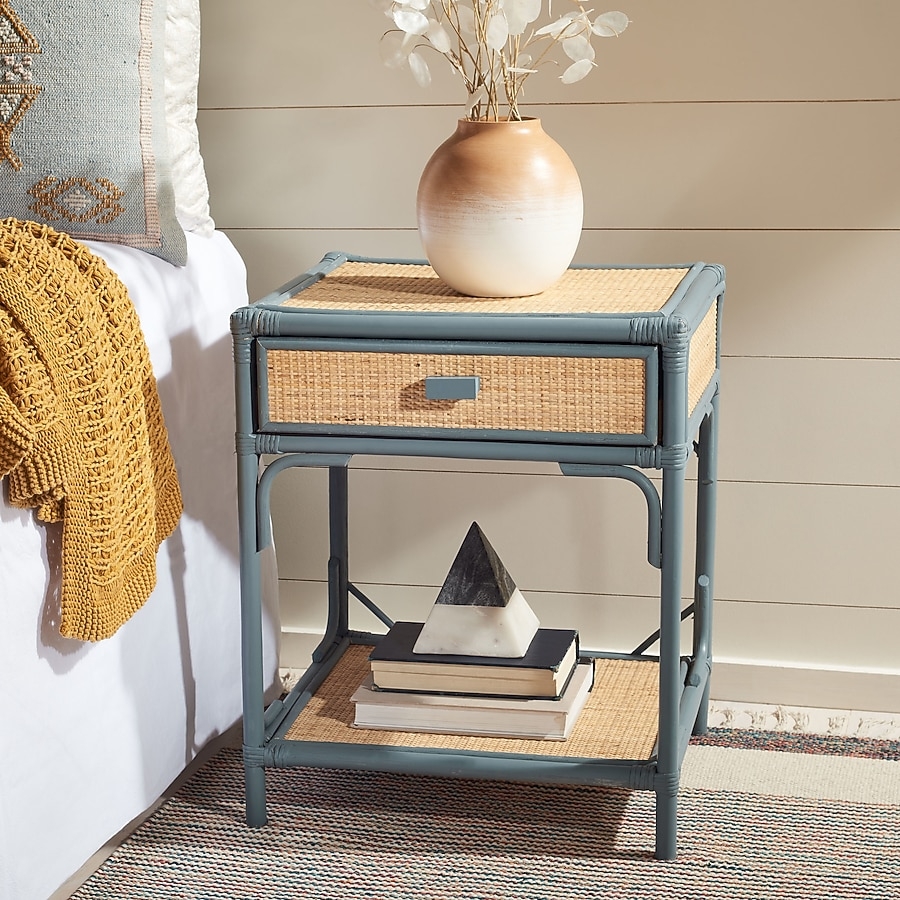 Nightstand with Slender Frame and Blue Gray Rattan Inlay