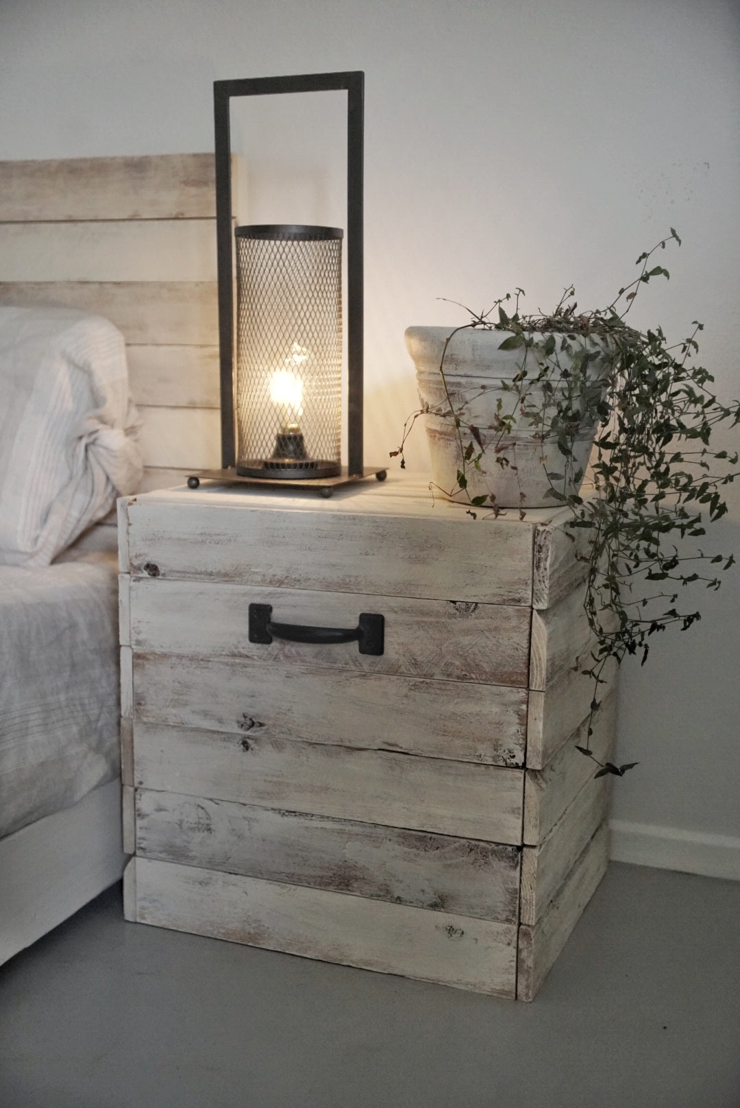 Nightstand with Whitewashed Plank Design and Wood Storage