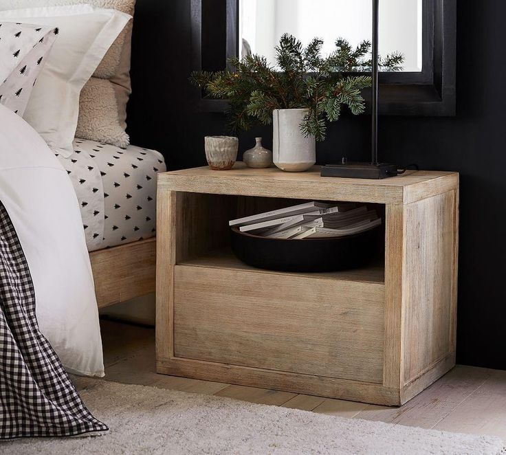 Nightstand with Wire Brushed Blonde Wood and Open Cubby