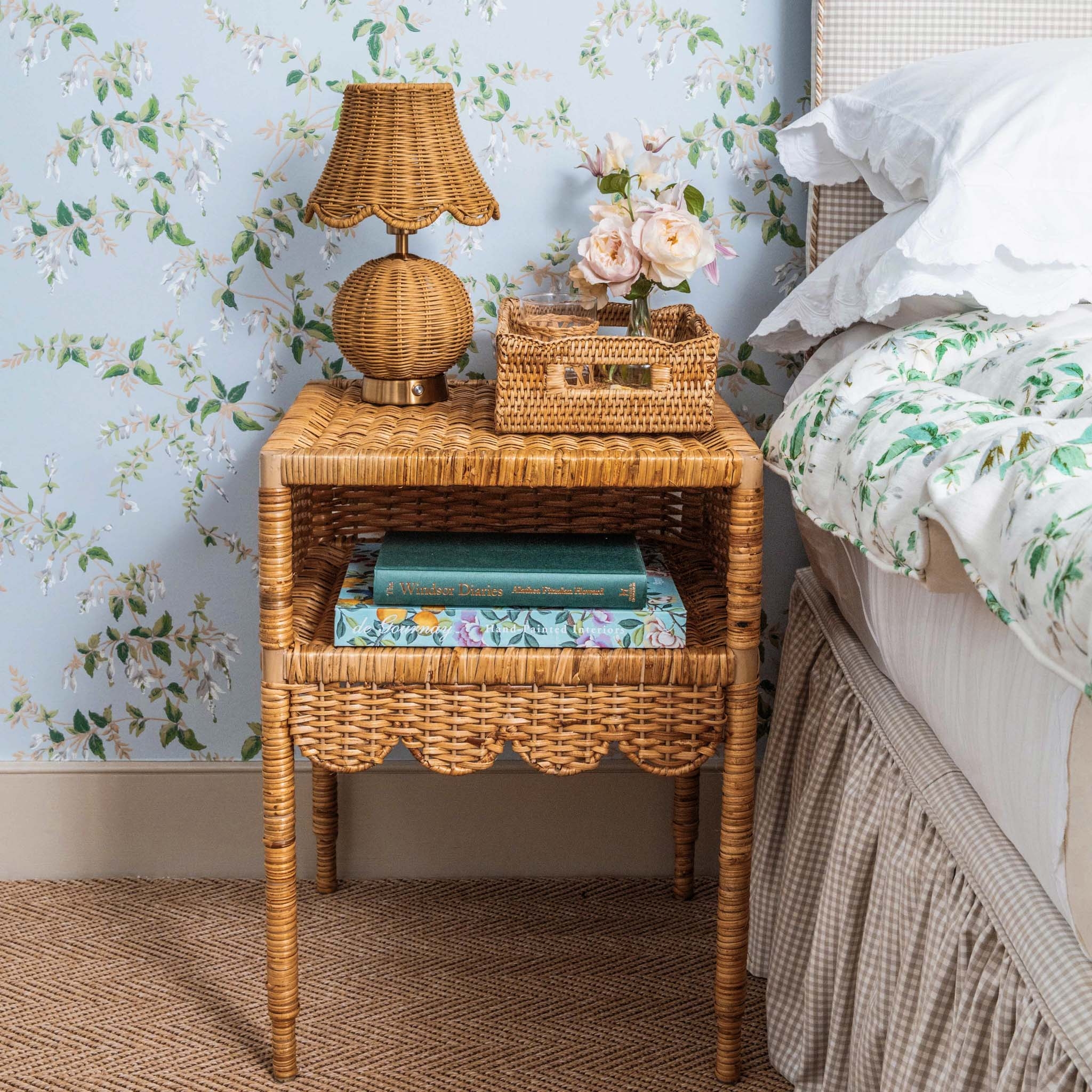 Nightstand Woven Rattan Scalloped Edge Bedside Table
