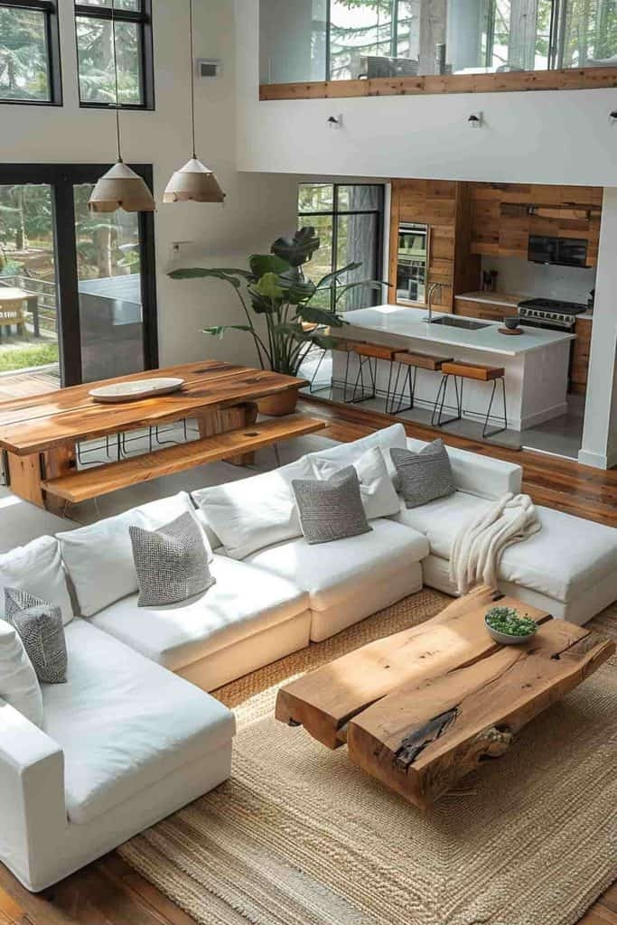 Open Plan Living Space: High Ceilings Live Edge Coffee Table