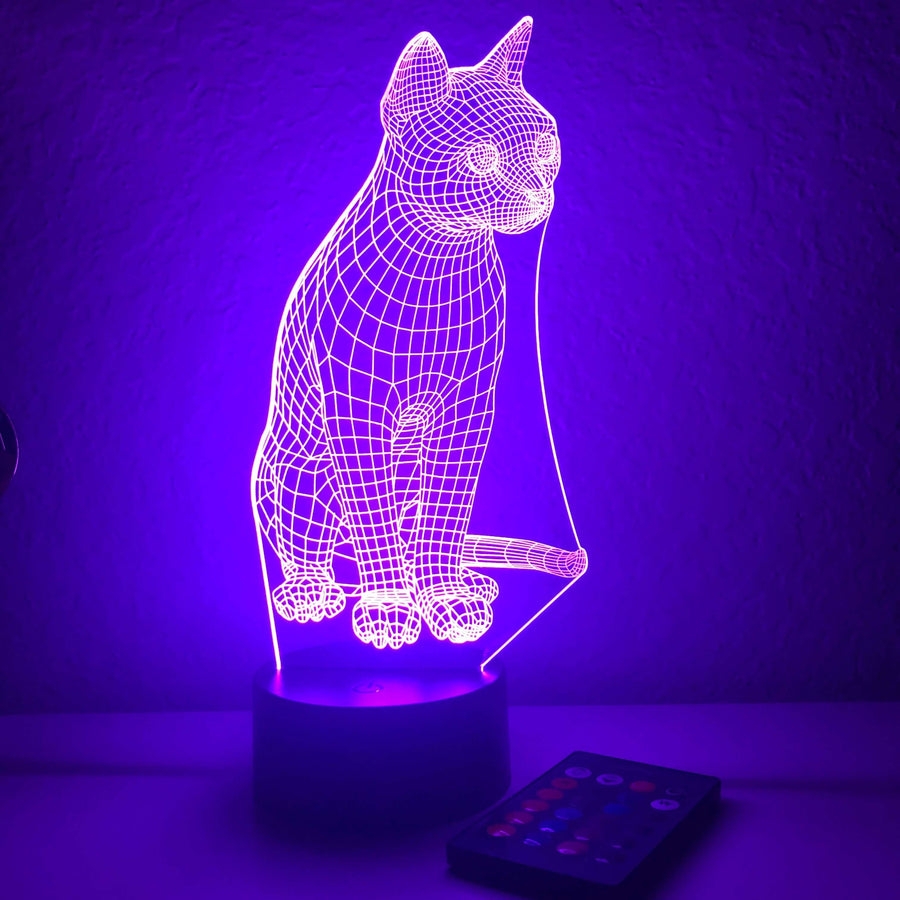 Optical Illusion Lamp 3D Wireframe Cat Purple LED Light