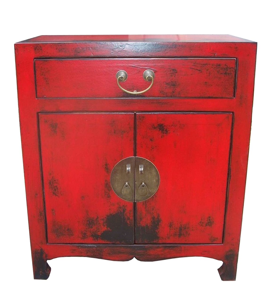 Oriental Cabinet Distressed Rub Through Red Lacquer Accent Chest