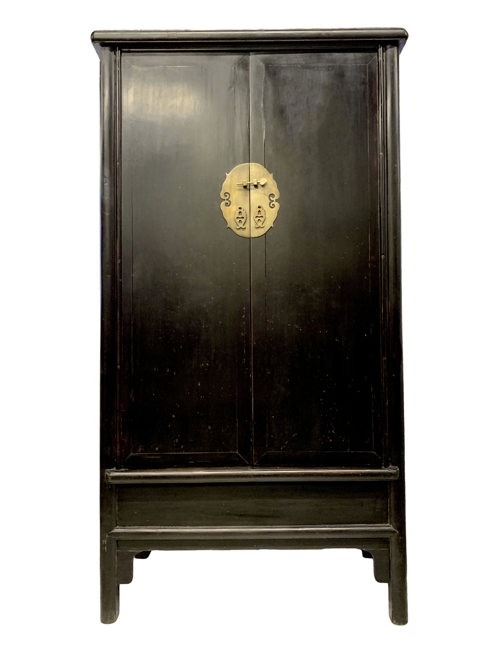 Oriental Cabinet Shiny Black Lacquer with Brass Medallion Hardware