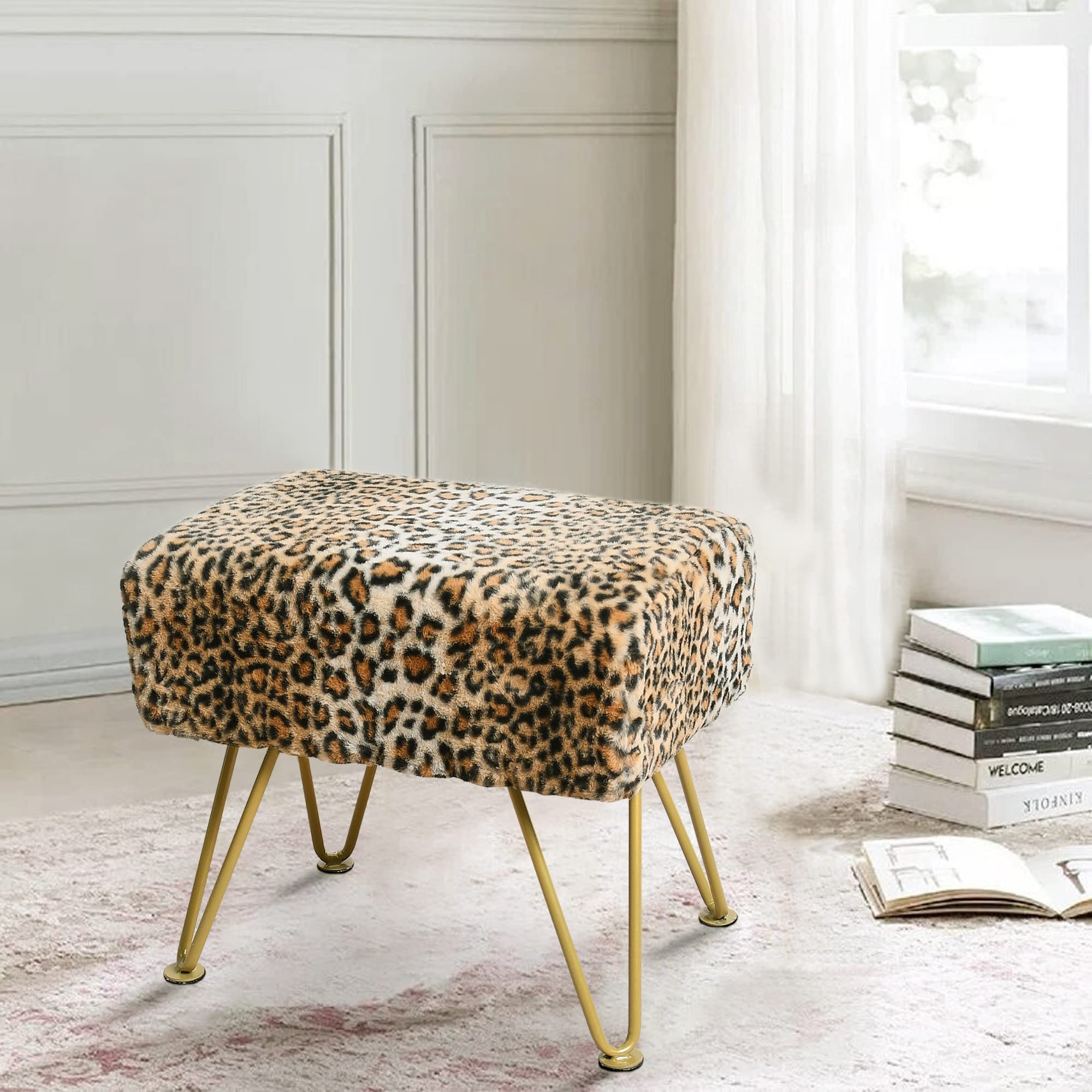 Ottoman Animal Print Gold Hairpin Leg Faux Fur Vanity Seat