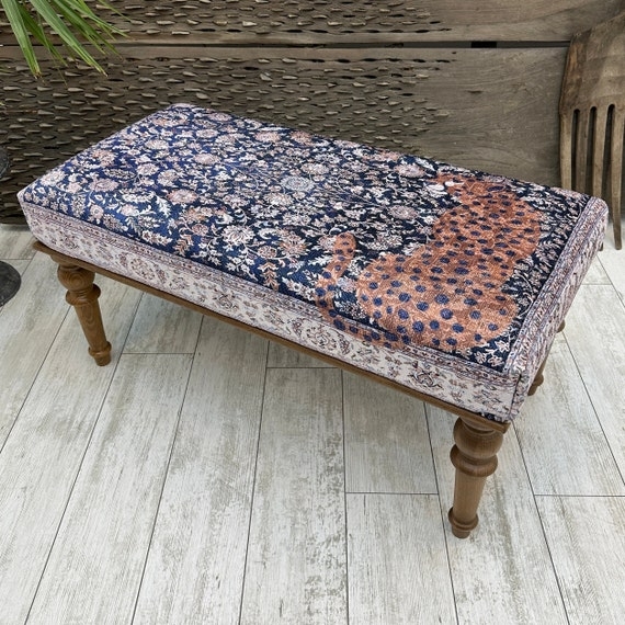 Ottoman Bench Turned Spool Leg Feline Motif Rug Style