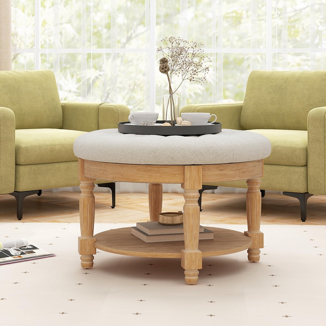 Ottoman Coffee Table with Circular Storage Shelf and Turned Legs